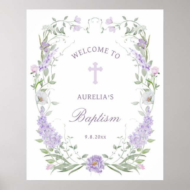 Floral Lilac Lavender Frame Baptism Welcome Poster (Front)