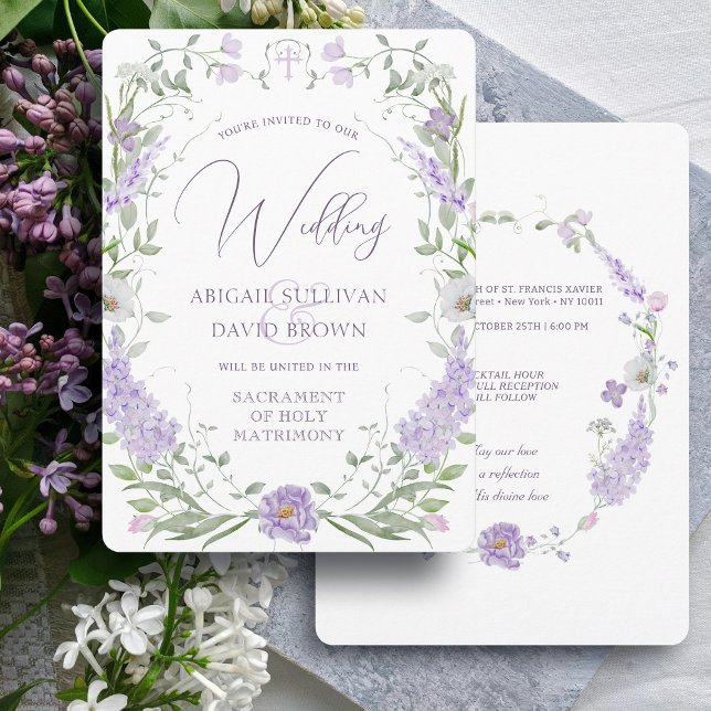 Floral Lilac Lavender Frame Catholic Wedding Invitation (Creator Uploaded)
