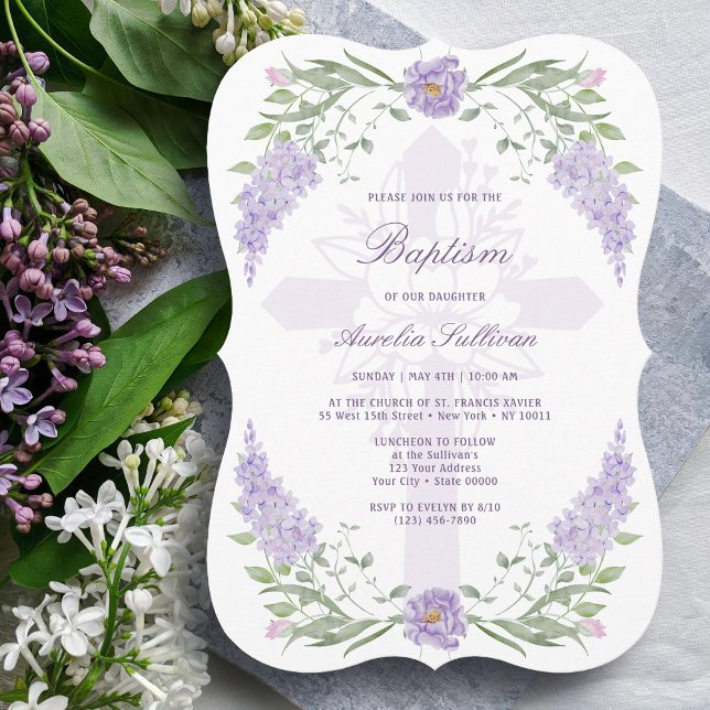 Floral Lilac Lavender Frame Holy Cross Baptism Invitation (Creator Uploaded)