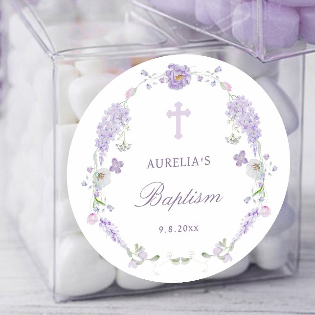 Floral Lilac Lavender Wreath Baptism Classic Round Sticker (Creator Uploaded)