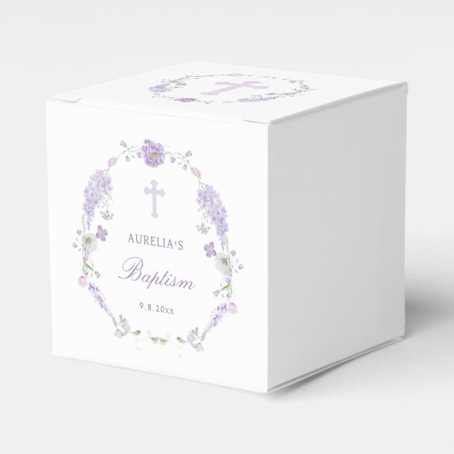 Floral Lilac Lavender Wreath Baptism Cube Favor Boxes (Front Side)