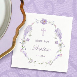Floral Lilac Lavender Wreath Baptism Napkins