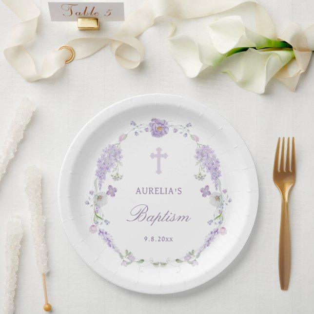Floral Lilac Lavender Wreath Baptism Paper Plates (Wedding)