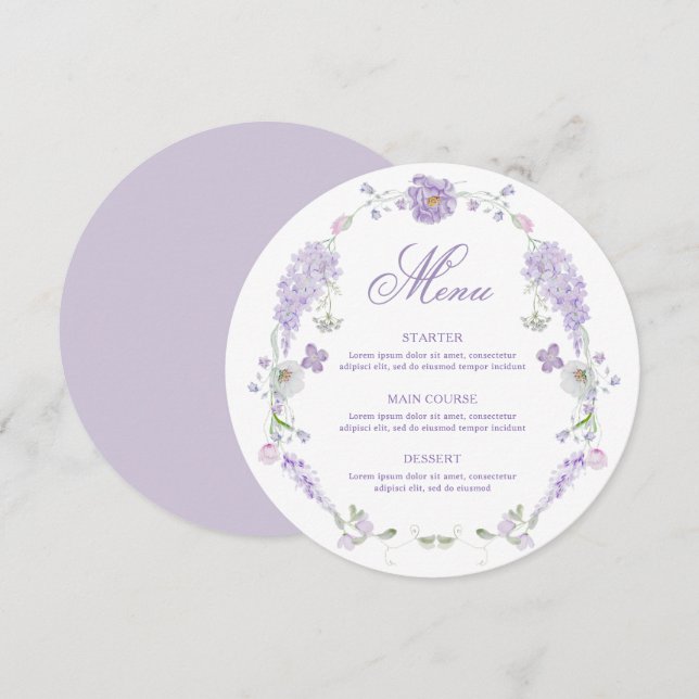 Floral Lilac Lavender Wreath Round Menu (Front/Back)