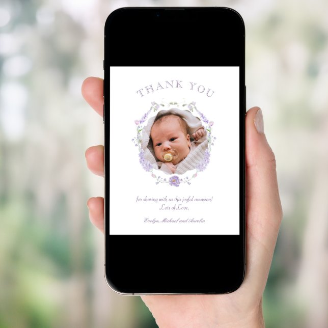 Floral Lilac Wreath Baptism Thank You Card (Front Digital)
