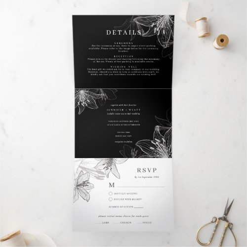 Floral Lilies BW Trifold All In One Invitation
