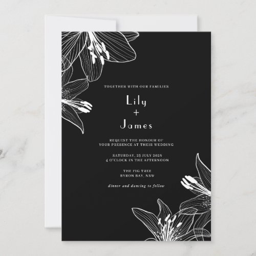 Floral Lilies Black and White Wedding Invitation