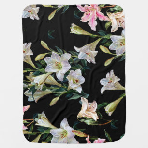 Floral lilies: black background painting baby blanket