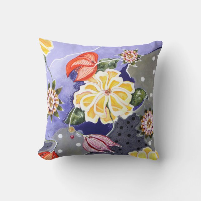 Floral Lilly Blue Abstract Polkadot Outdoor Pillow (Front)