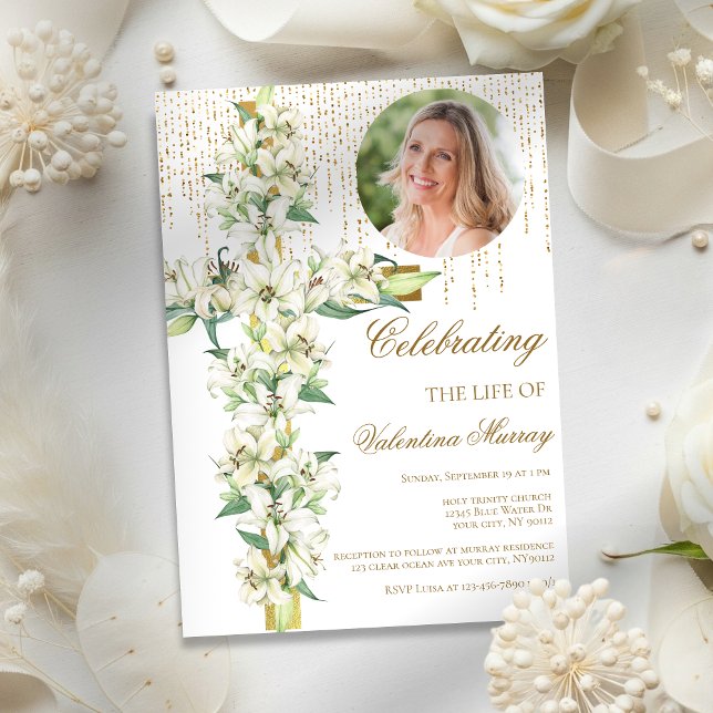 Floral Lily Cross Celebration of Life Funeral Invitation (Creator Uploaded)