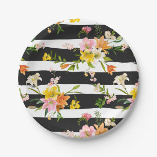 Floral Lily Flowers Black And White Stripes Pink Paper Plates