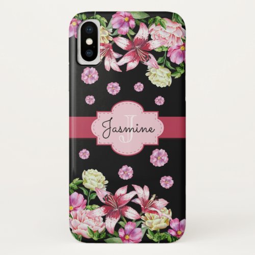 Floral Lily  Peony Monogram Black iPhone X Case