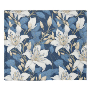 Floral Lily White and Blue Abstract flower garden  Duvet Cover