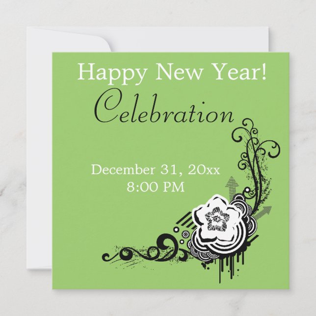 Floral Lime Grunge New Year's Eve Party Invitation (Front)