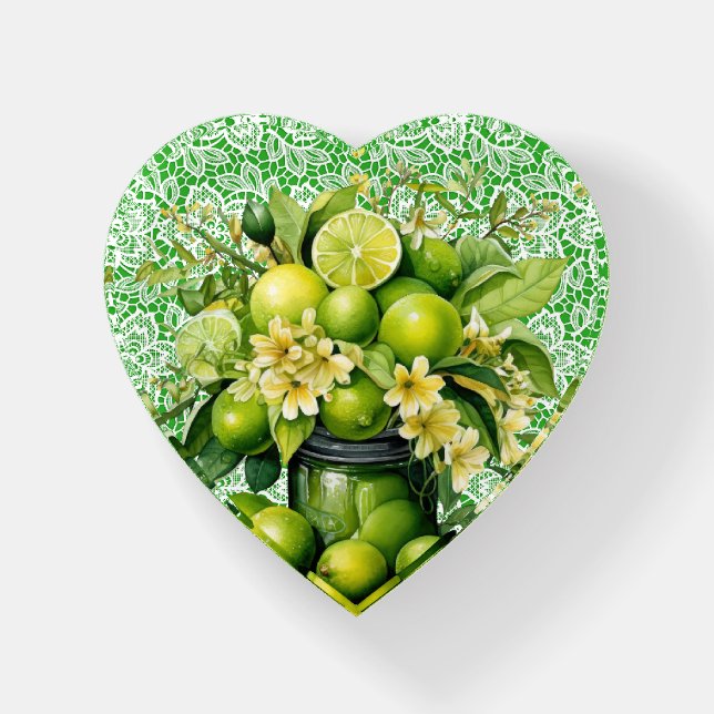 Floral Lime Heart Shaped Paperweight (Front)