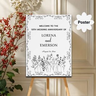 Floral Line Art 10th Wedding Anniversary Welcome Poster