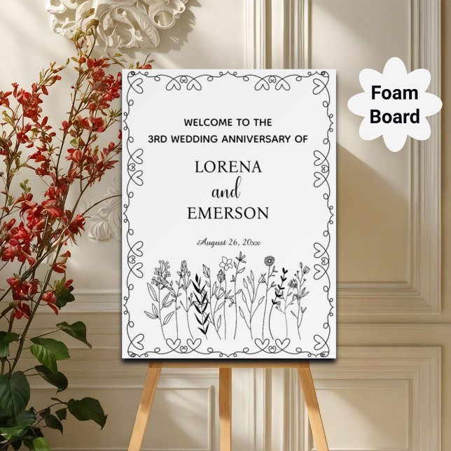 Floral Line Art 3rd Wedding Anniversary Welcome Foam Board (Creator Uploaded)