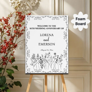 Floral Line Art 50th Wedding Anniversary Welcome Foam Board