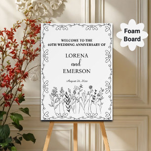 Floral Line Art 60th Wedding Anniversary Welcome Foam Board