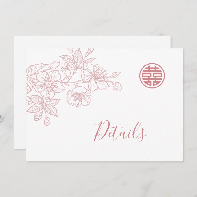 Floral Line Art Blush Chinese Wedding Details Enclosure Card (Front/Back)
