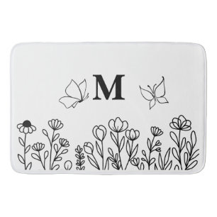 Floral Line Art Custom Monogram Bath Mat