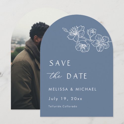 Floral Line Art Dusty Blue Arched Save The Date