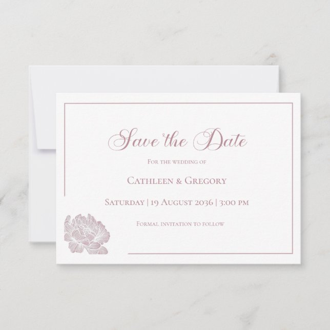 Floral Line Art Dusty Rose and White Wedding  Save The Date (Front)