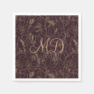 Floral Line Art Elegant Gold Floral Deep Plum Napkins