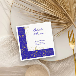 Floral Line Art Elegant Royal Blue and Gold Party Napkins