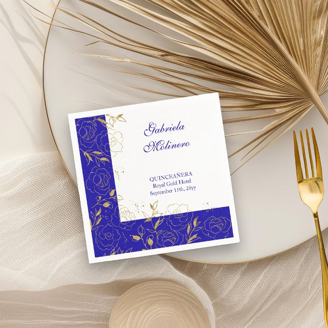 Floral Line Art Elegant Royal Blue and Gold Party Napkins (Cocktail Napkins from my Elegant Gold Flowers Quinceanera Collection)
