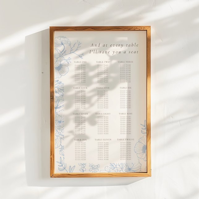 Floral Line Art French Blue Wedding Seating Chart (Creator Uploaded)