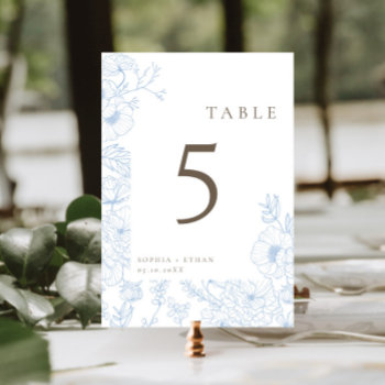 Floral Line Art French Blue Wedding Table Number by MoonDaisyStudio at Zazzle