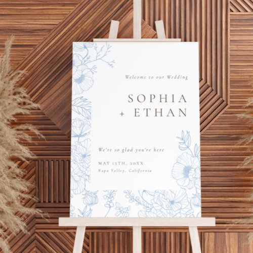 Floral Line Art French Blue Wedding Welcome Sign