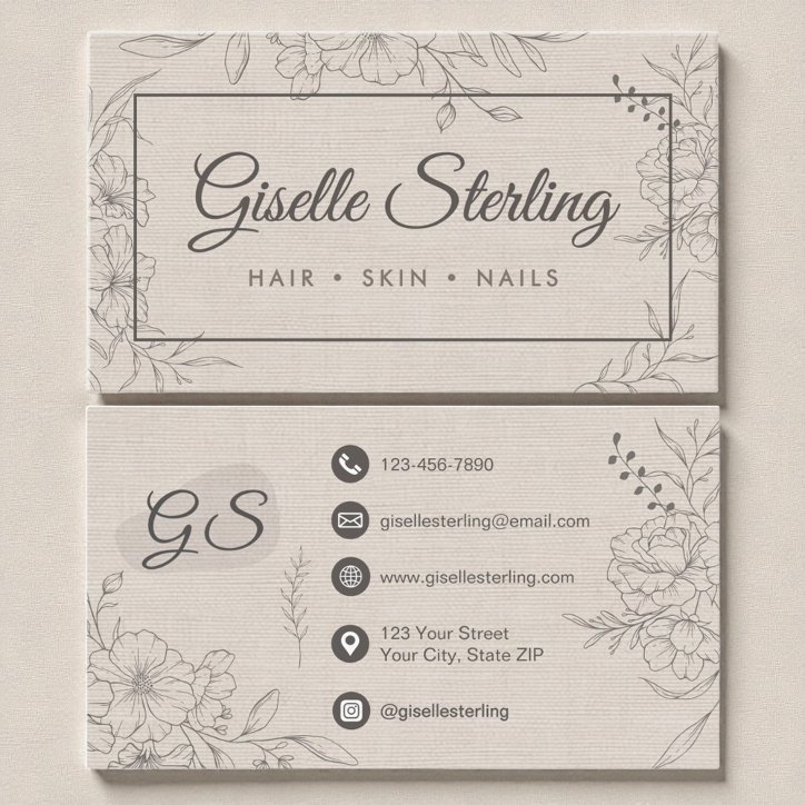 Floral Line Art Linen Elegant Script Business Card