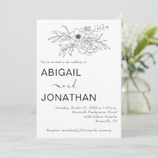 Floral Line Art Minimal Simple Bespoke Wedding Invitation