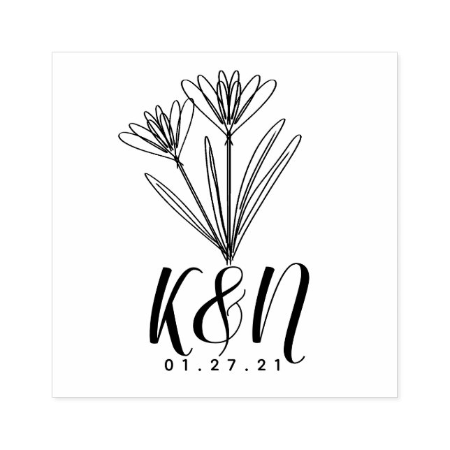 Floral Line Art Minimalist Initial Logo Wedding Rubber Stamp (Imprint)