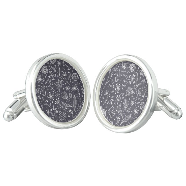 Floral Line Art Monochrome Cufflinks (Angled)