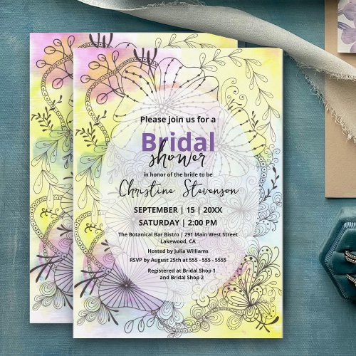 Floral Line Art Pastel Watercolor Bridal Shower Invitation