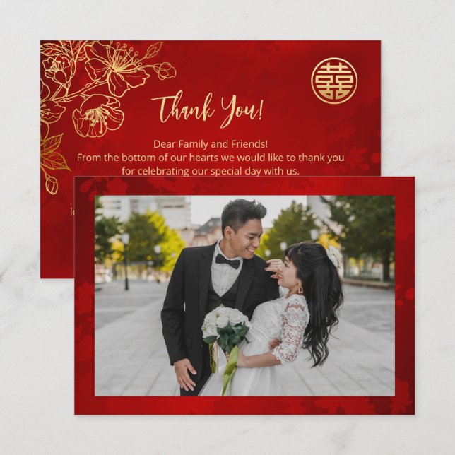 Floral Line Art Photo Chinese Wedding Thank You Card (Front/Back)