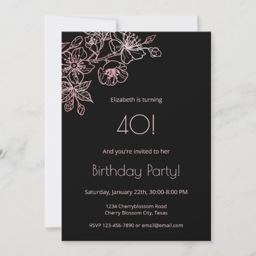 Floral Line Art Pink Black Birthday Invitation