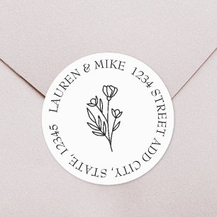 Floral Line Art Round Return Address Classic Round Sticker