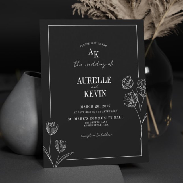 Floral Line Art Rustic Black Elegant Wedding Invitation (Creator Uploaded)