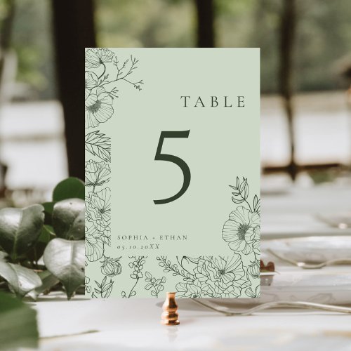 Floral Line Art Sage Green Wedding Table Number
