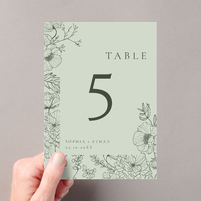 Floral Line Art Sage Green Wedding Table Number (Insitu (Handheld))