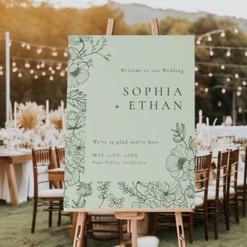 Floral Line Art Sage Green Wedding Welcome Sign