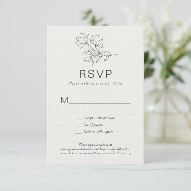 Floral Line Art Simple Bespoke Classic Ivory RSVP Invitation (Standing Front)