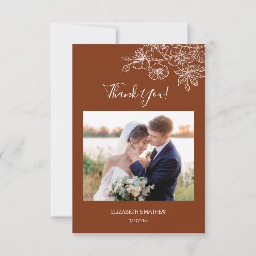 Floral Line Art Terracotta  Photo Wedding Thank You Card