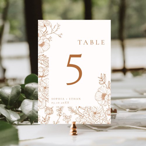Floral Line Art Terracotta Wedding Table Number