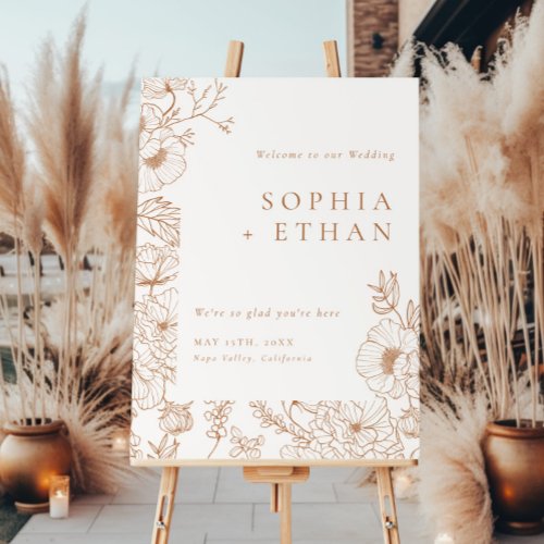 Floral Line Art Terracotta Wedding Welcome Sign