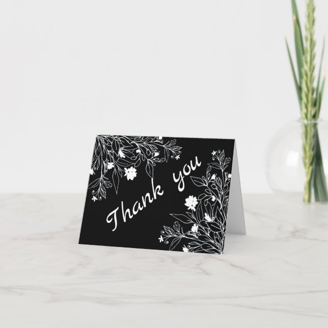 Floral Line Art White and Black Thank You Card (Front)